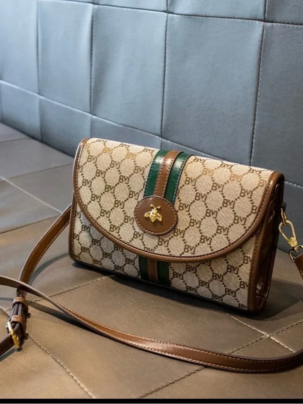 Brown Canvas Crossbody Bag with Green Stripe